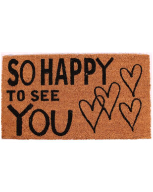 Kokosmåtte med tekst "So happy to see you"