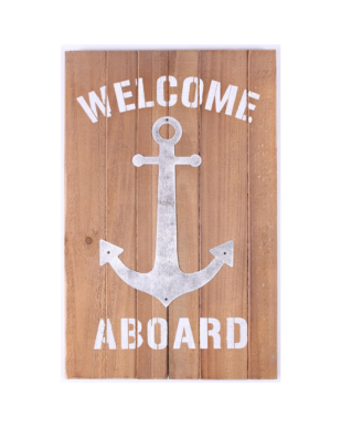 Træskilt med tekst. "Welcome Aboard"